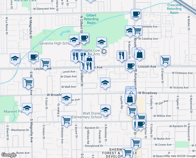 map of restaurants, bars, coffee shops, grocery stores, and more near 2390 West Canopy Lane in Anaheim