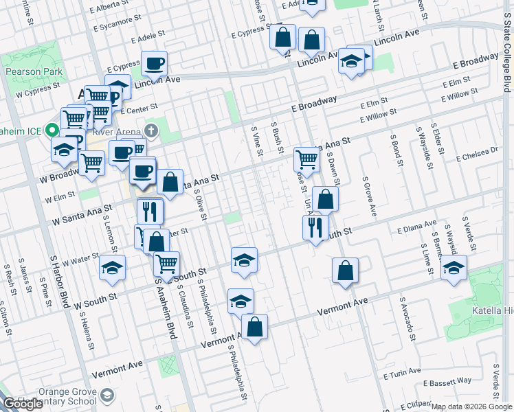 map of restaurants, bars, coffee shops, grocery stores, and more near 684 South Casita Street in Anaheim