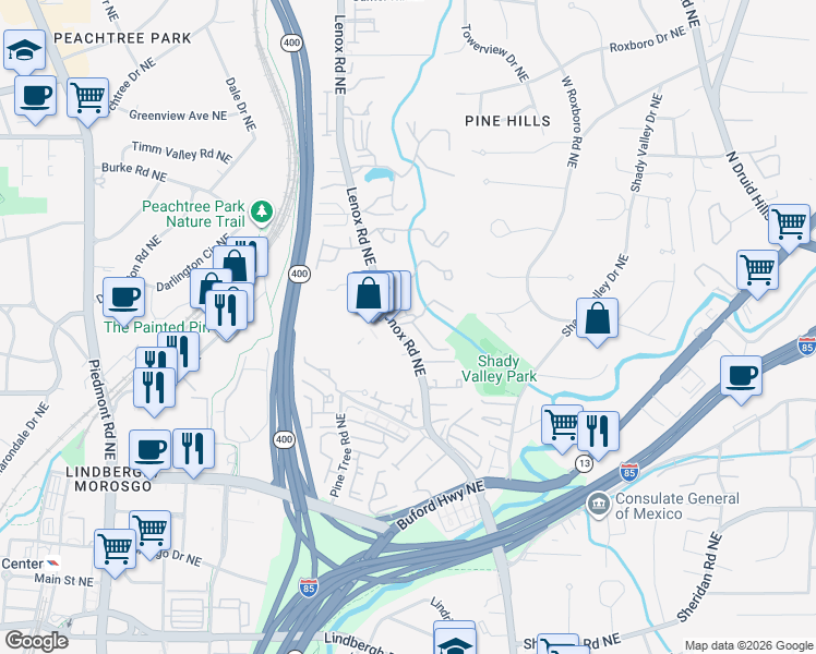 map of restaurants, bars, coffee shops, grocery stores, and more near 65 Saint Claire Lane Northeast in Atlanta