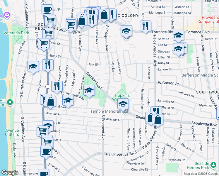 map of restaurants, bars, coffee shops, grocery stores, and more near 1100 Barbara Street in Redondo Beach