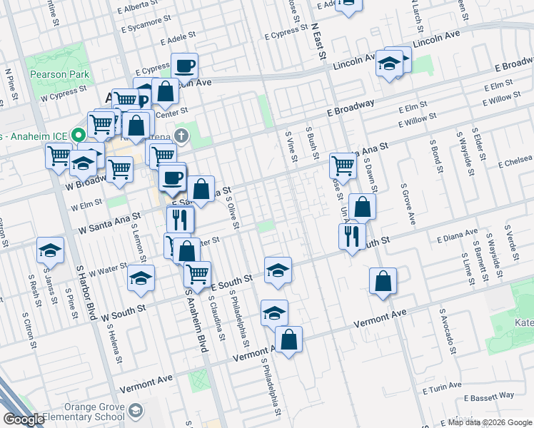 map of restaurants, bars, coffee shops, grocery stores, and more near 585 South Kroeger Street in Anaheim