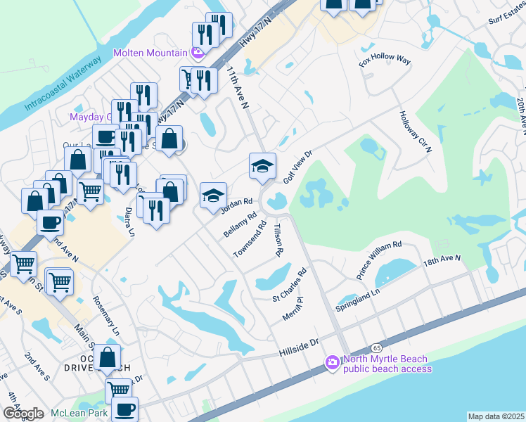 map of restaurants, bars, coffee shops, grocery stores, and more near 737 11th Avenue North in North Myrtle Beach
