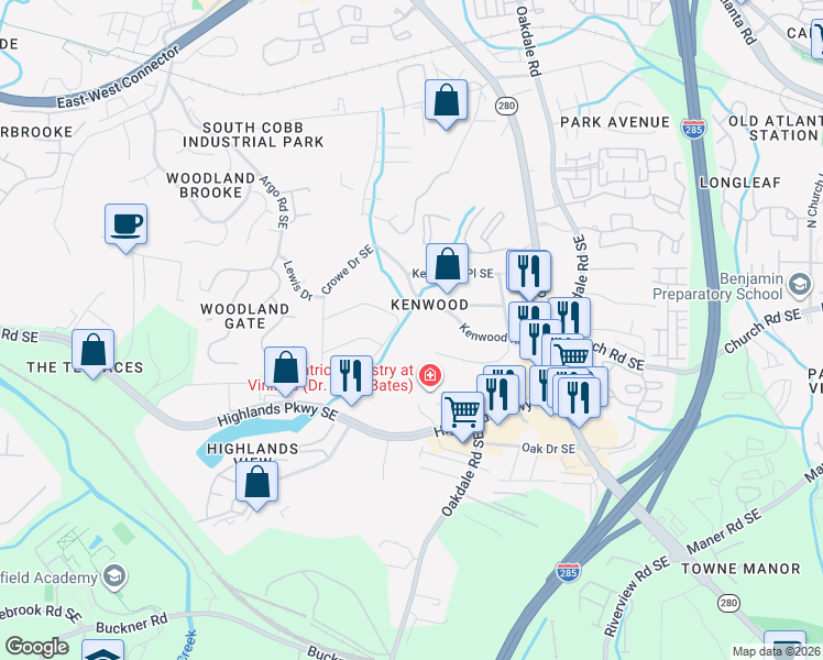map of restaurants, bars, coffee shops, grocery stores, and more near 5111 Heather Road Southeast in Smyrna