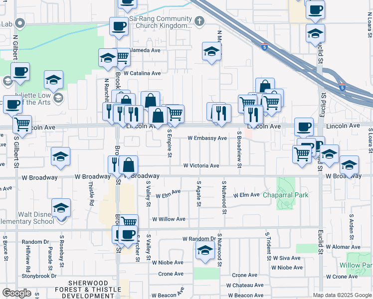 map of restaurants, bars, coffee shops, grocery stores, and more near 219 South Primrose Street in Anaheim