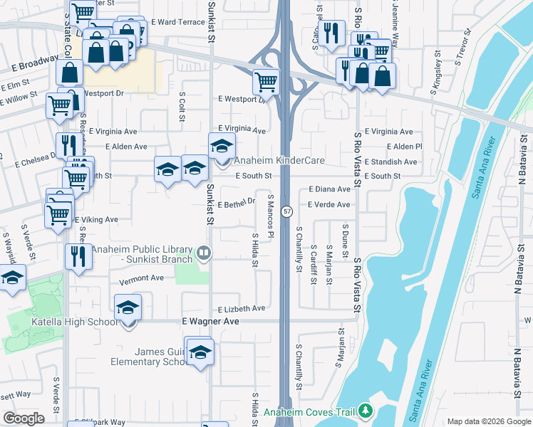 map of restaurants, bars, coffee shops, grocery stores, and more near 814 South Hilda Street in Anaheim