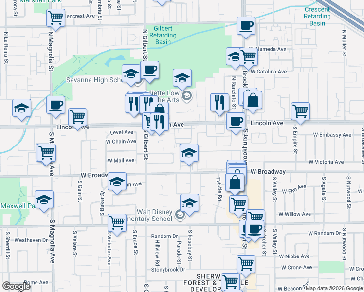 map of restaurants, bars, coffee shops, grocery stores, and more near 2350 West Canopy Lane in Anaheim
