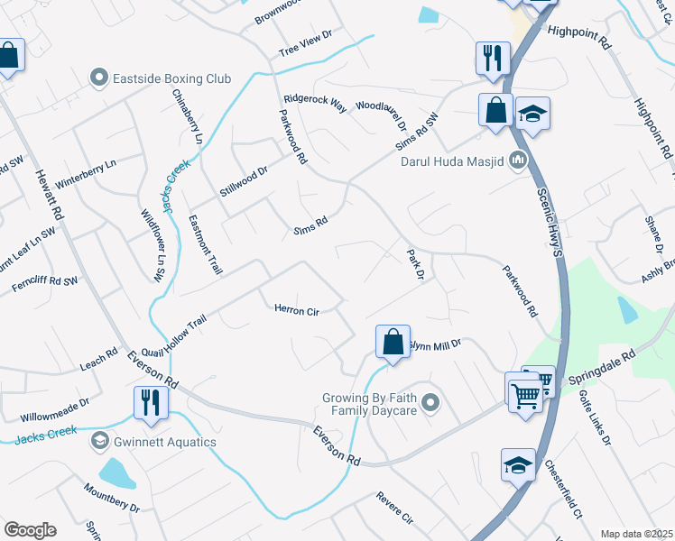 map of restaurants, bars, coffee shops, grocery stores, and more near 2730 Broxton Mill Ct in Snellville