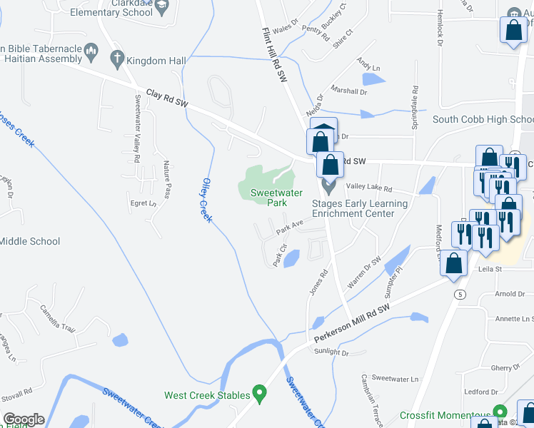 map of restaurants, bars, coffee shops, grocery stores, and more near 6000 Park Wood Court in Austell