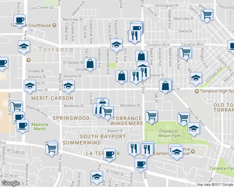 map of restaurants, bars, coffee shops, grocery stores, and more near 1714 Fern Avenue in Torrance
