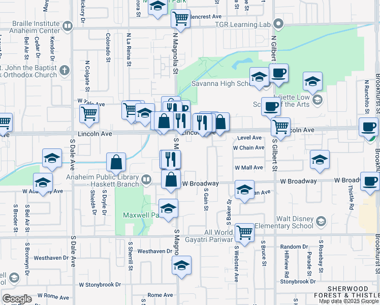 map of restaurants, bars, coffee shops, grocery stores, and more near 134 South Magnolia Avenue in Anaheim
