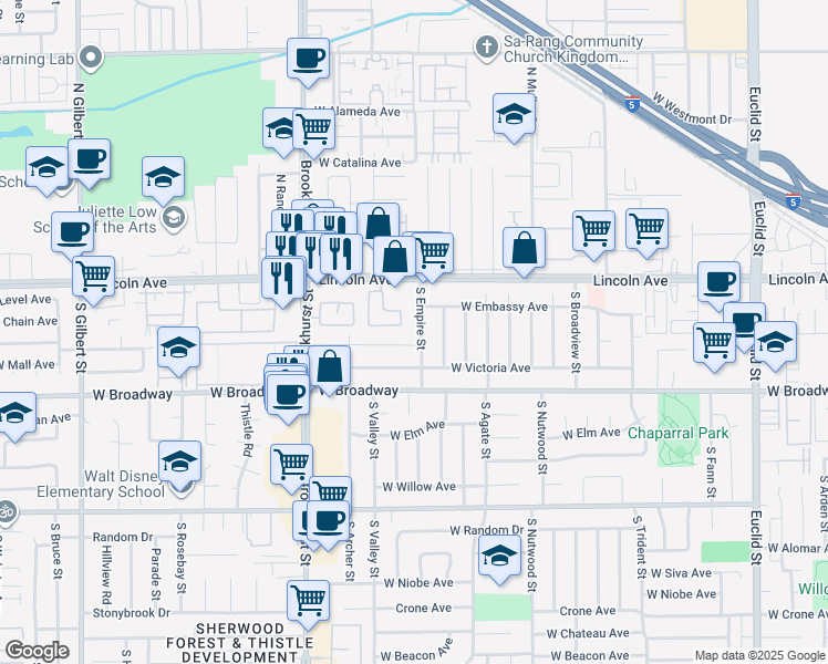 map of restaurants, bars, coffee shops, grocery stores, and more near 227 South Linhaven Circle in Anaheim