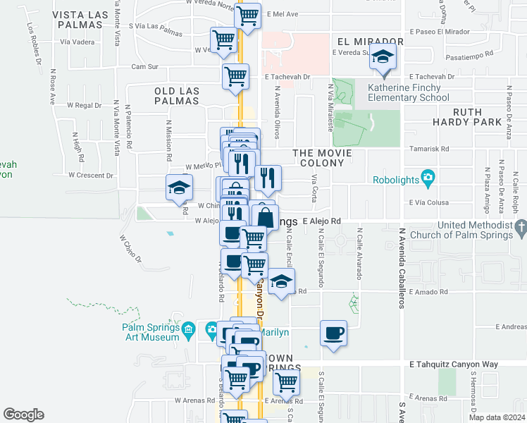 map of restaurants, bars, coffee shops, grocery stores, and more near 552 North Indian Canyon Drive in Palm Springs