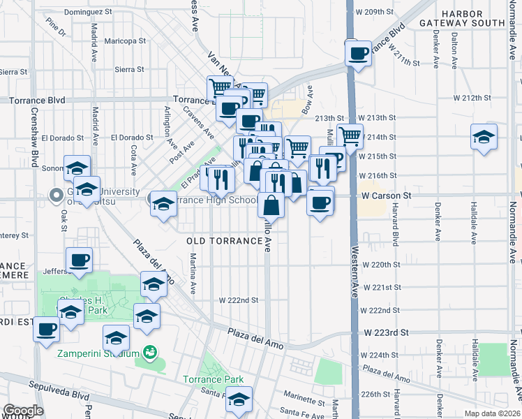 map of restaurants, bars, coffee shops, grocery stores, and more near in Torrance