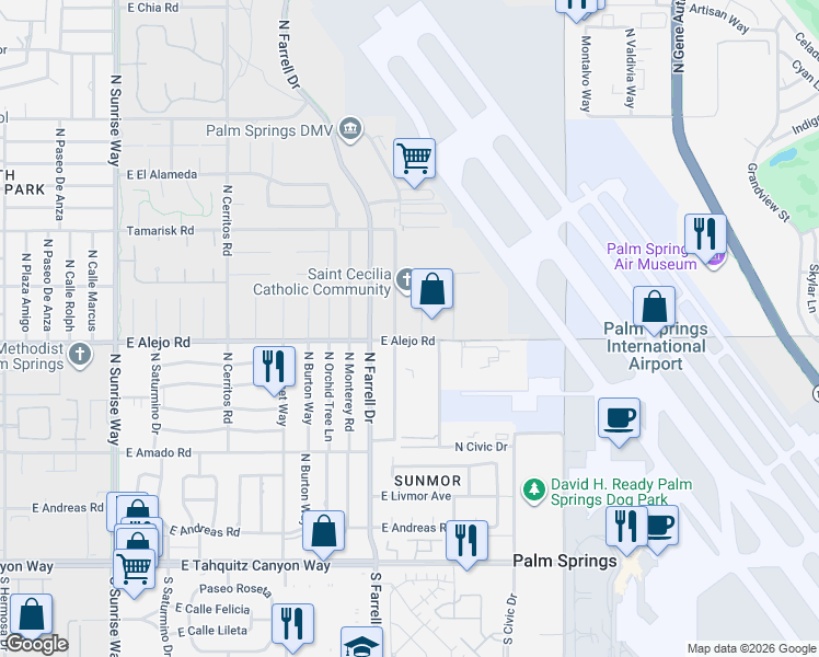 map of restaurants, bars, coffee shops, grocery stores, and more near 525 North Juanita Drive in Palm Springs
