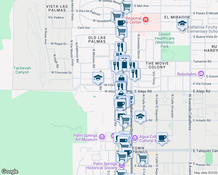 map of restaurants, bars, coffee shops, grocery stores, and more near 535 Belardo Road in Palm Springs