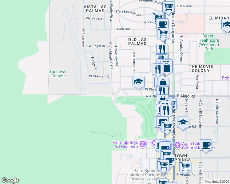 map of restaurants, bars, coffee shops, grocery stores, and more near 555 North Via Monte Vista in Palm Springs