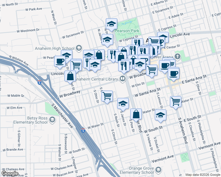 map of restaurants, bars, coffee shops, grocery stores, and more near 620 West Broadway in Anaheim