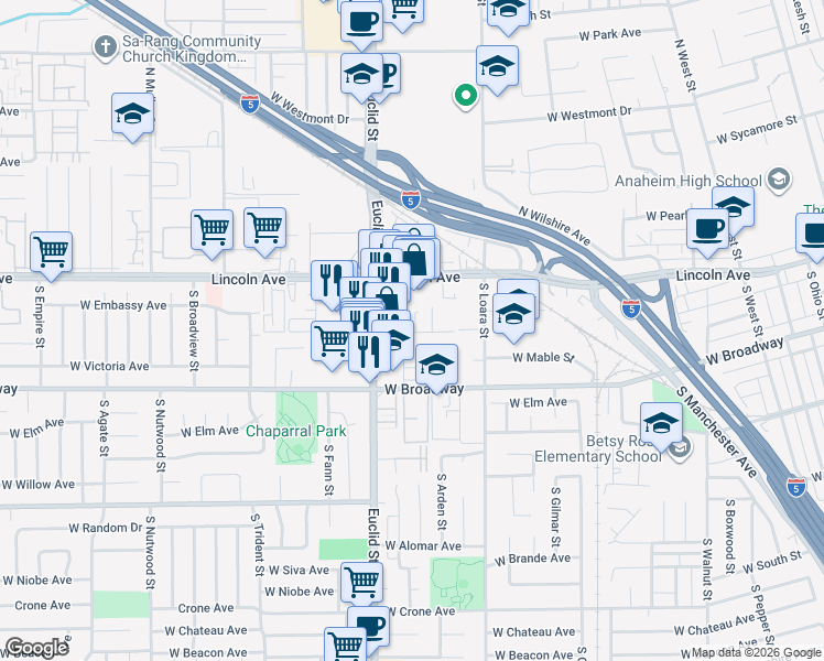 map of restaurants, bars, coffee shops, grocery stores, and more near 216 South Euclid Street in Anaheim