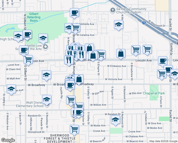 map of restaurants, bars, coffee shops, grocery stores, and more near 227 South Linhaven Circle in Anaheim