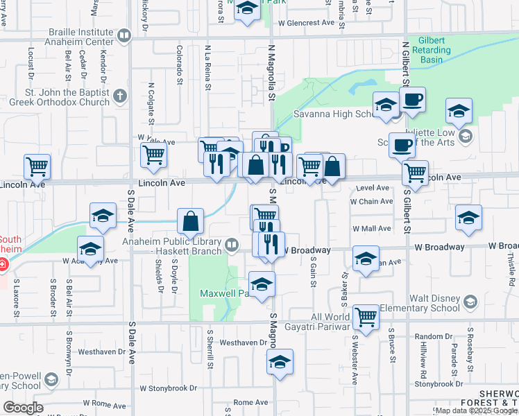 map of restaurants, bars, coffee shops, grocery stores, and more near 131 South Magnolia Avenue in Anaheim