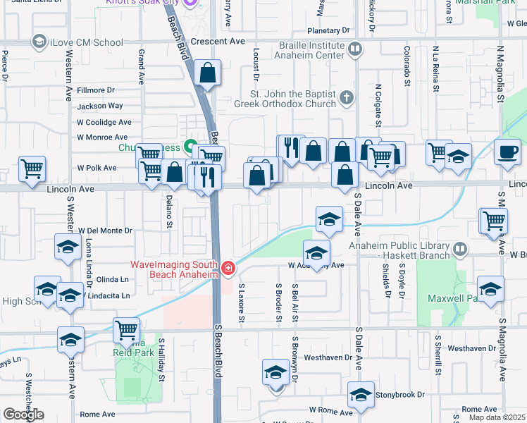 map of restaurants, bars, coffee shops, grocery stores, and more near 2912 West Lincoln Avenue in Anaheim