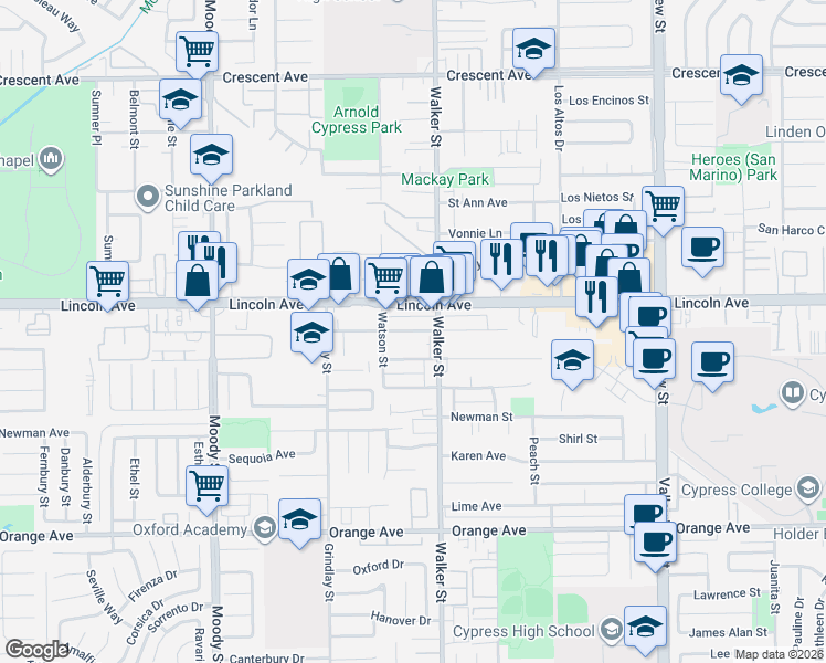 map of restaurants, bars, coffee shops, grocery stores, and more near 5113 Bishop Street in Cypress