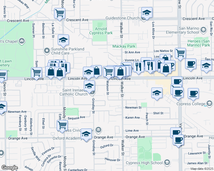 map of restaurants, bars, coffee shops, grocery stores, and more near 5341 Bishop Street in Cypress