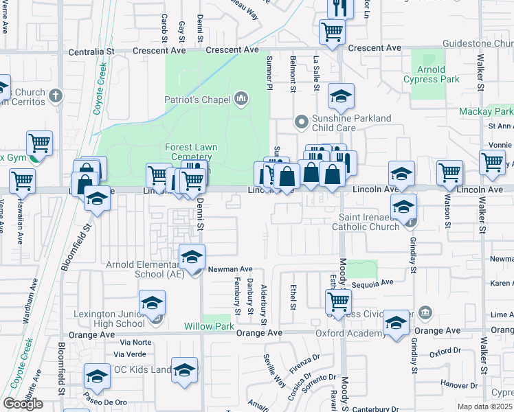 map of restaurants, bars, coffee shops, grocery stores, and more near 9040 Kalani Street in Cypress
