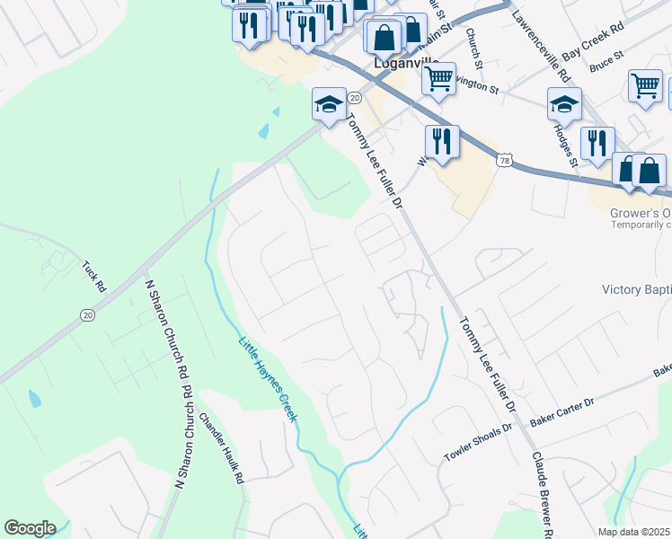 map of restaurants, bars, coffee shops, grocery stores, and more near 210 Buck Run in Loganville