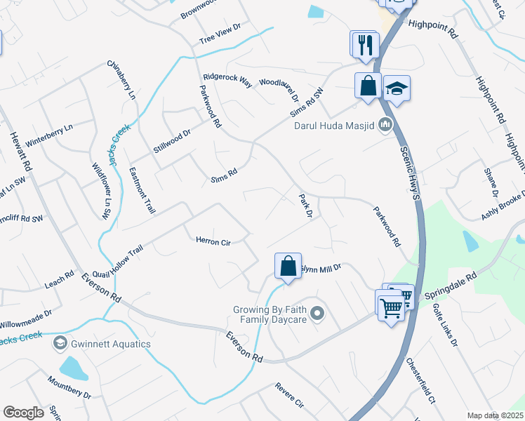 map of restaurants, bars, coffee shops, grocery stores, and more near 3455 Broxton Mill Way in Snellville