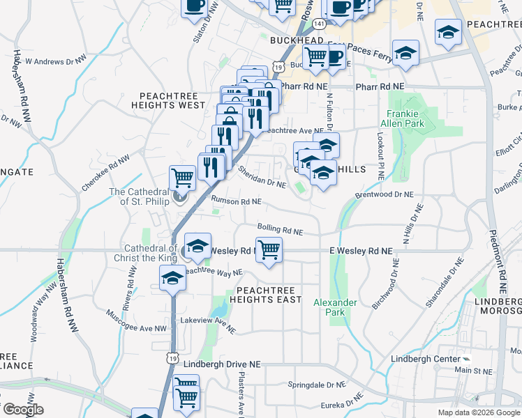 map of restaurants, bars, coffee shops, grocery stores, and more near 151 Rumson Road Northeast in Atlanta