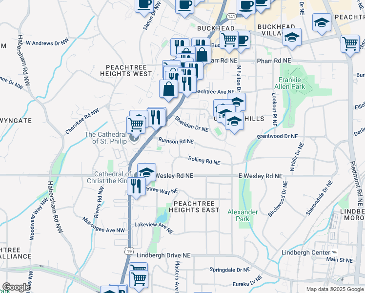 map of restaurants, bars, coffee shops, grocery stores, and more near 57 Rumson Way Northeast in Atlanta