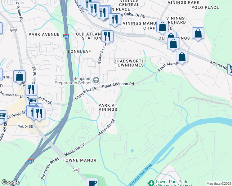 map of restaurants, bars, coffee shops, grocery stores, and more near 5002 Bright Hampton Drive Southeast in Smyrna