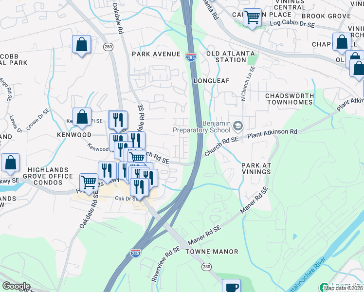 map of restaurants, bars, coffee shops, grocery stores, and more near 2358 Whiteoak Way Southeast in Smyrna