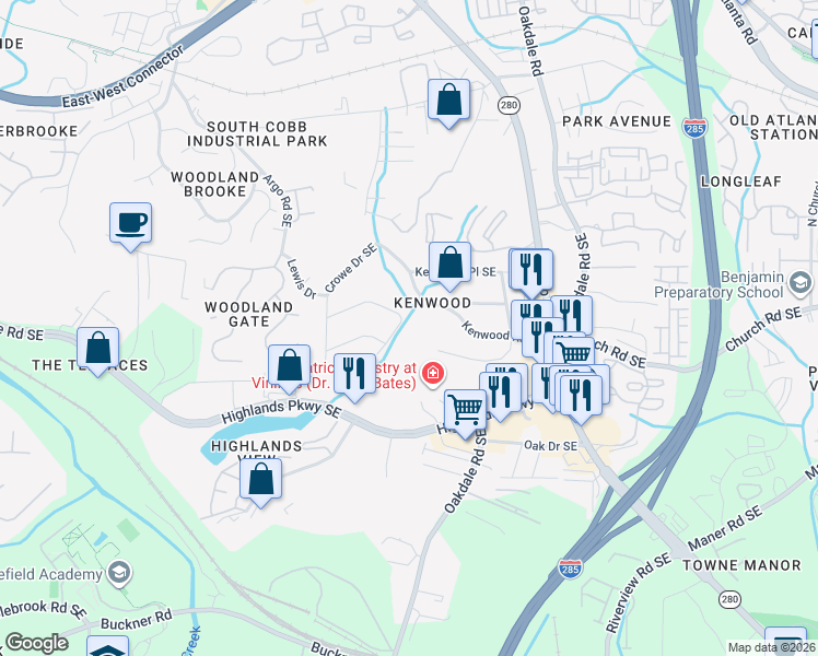 map of restaurants, bars, coffee shops, grocery stores, and more near 5111 Heather Road Southeast in Smyrna