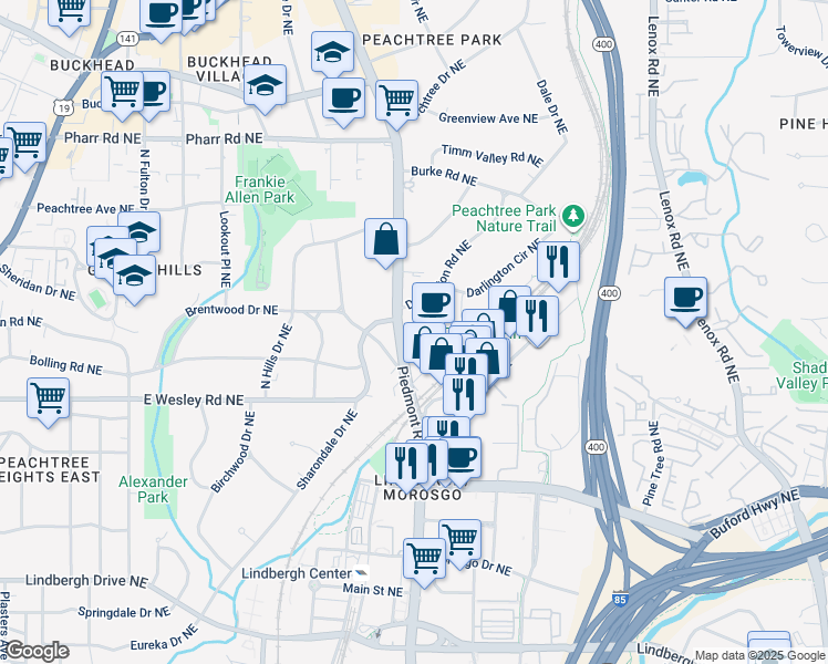 map of restaurants, bars, coffee shops, grocery stores, and more near 2799 Piedmont Road Northeast in Atlanta
