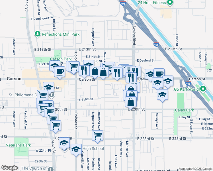 map of restaurants, bars, coffee shops, grocery stores, and more near 21730 Grace Avenue in Carson