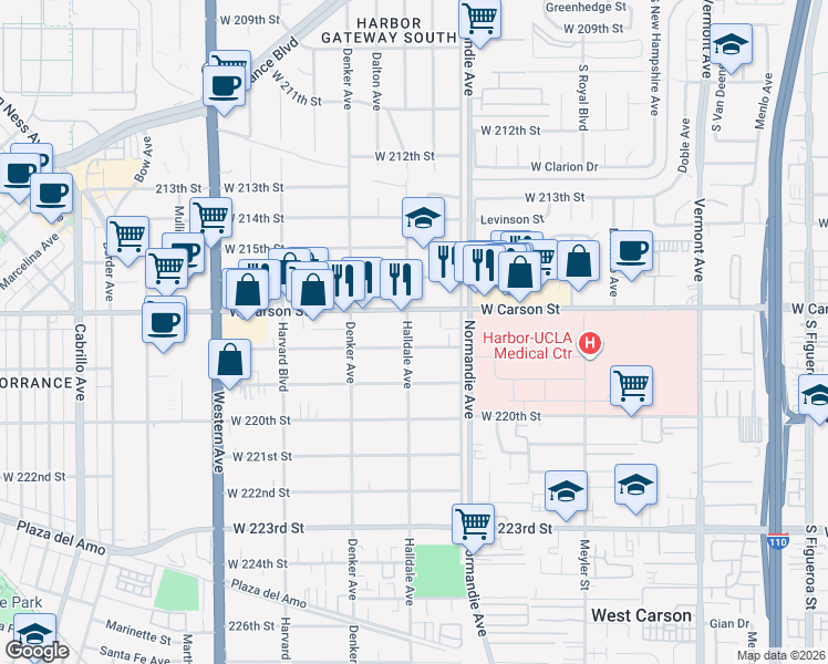 map of restaurants, bars, coffee shops, grocery stores, and more near 21726 Halldale Avenue in Torrance