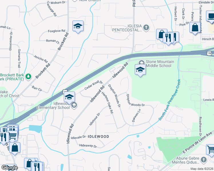 map of restaurants, bars, coffee shops, grocery stores, and more near 1684 Drayton Woods Drive in Tucker