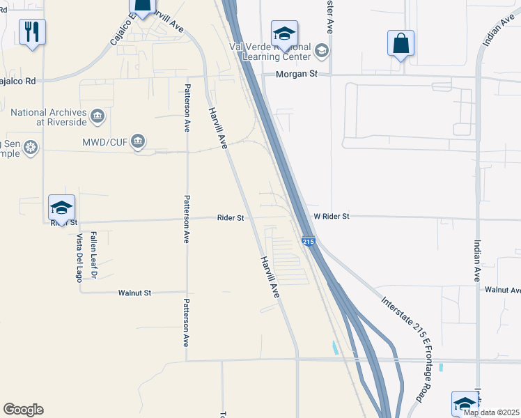 map of restaurants, bars, coffee shops, grocery stores, and more near 23840 Rider Street in Perris