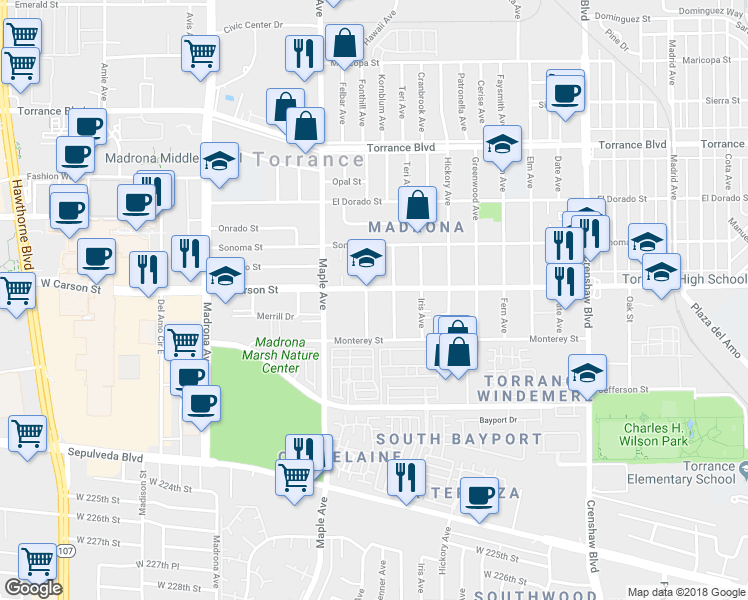 map of restaurants, bars, coffee shops, grocery stores, and more near 1708 Flower Avenue in Torrance