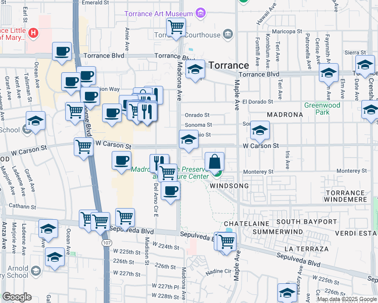 map of restaurants, bars, coffee shops, grocery stores, and more near 3316 West Carson Street in Torrance
