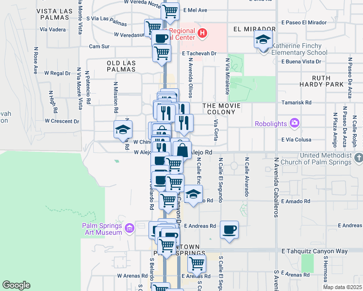 map of restaurants, bars, coffee shops, grocery stores, and more near 552 North Indian Canyon Drive in Palm Springs