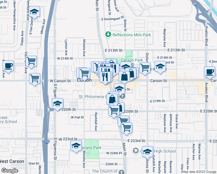 map of restaurants, bars, coffee shops, grocery stores, and more near 100 West Carson Street in Carson