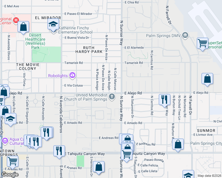map of restaurants, bars, coffee shops, grocery stores, and more near 530 North Calle Rolph in Palm Springs