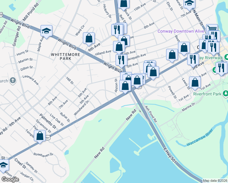map of restaurants, bars, coffee shops, grocery stores, and more near 503 Alston Street in Conway