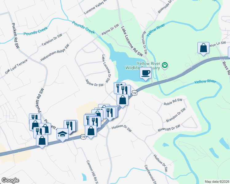 map of restaurants, bars, coffee shops, grocery stores, and more near 4707 Matterhorn Drive Southwest in Lilburn