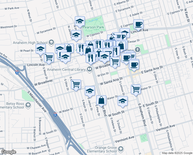 map of restaurants, bars, coffee shops, grocery stores, and more near 400 South Harbor Boulevard in Anaheim