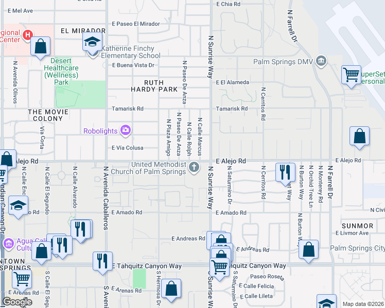 map of restaurants, bars, coffee shops, grocery stores, and more near 530 North Calle Rolph in Palm Springs