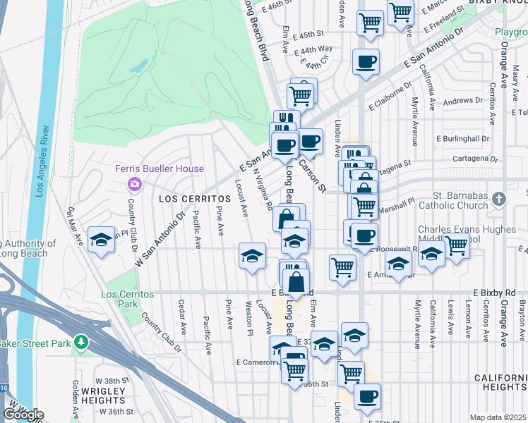 map of restaurants, bars, coffee shops, grocery stores, and more near 4005 North Virginia Road in Long Beach